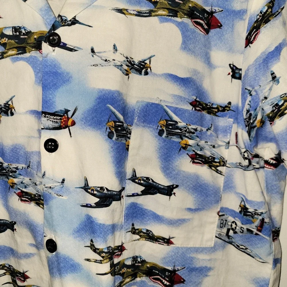 Vintage Dem Crazy Short Sleeve Button Up Shirt Men's Size‎ XL Airplanes Pocket